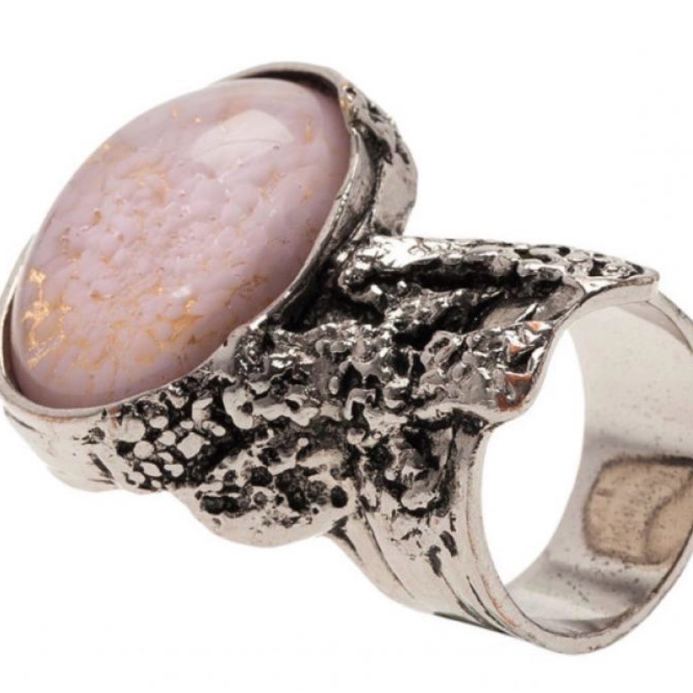 Saint Laurent Arty Silver Ring with Pink Stone and Gold Flecks